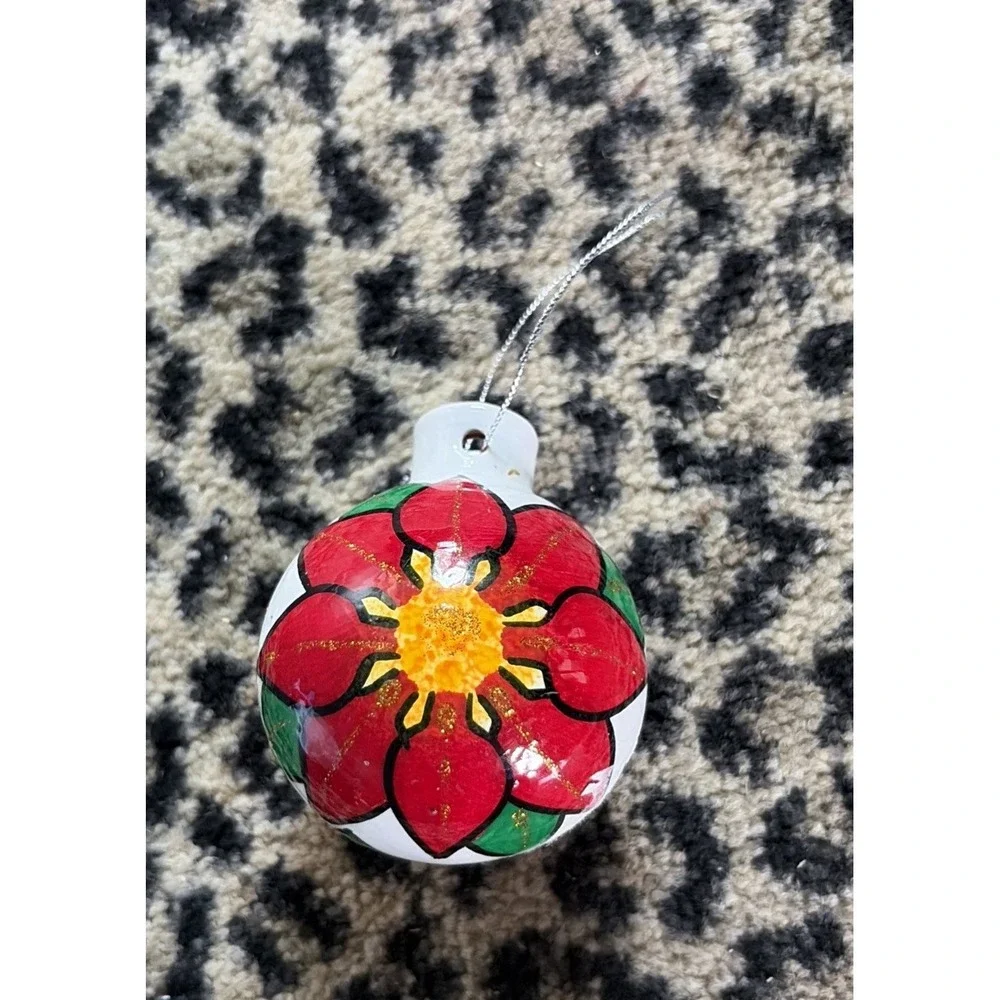 Hand Painted Floral - Clay Terra Cotta Ornament Ball Mexico -‎ Poinsetta Holiday